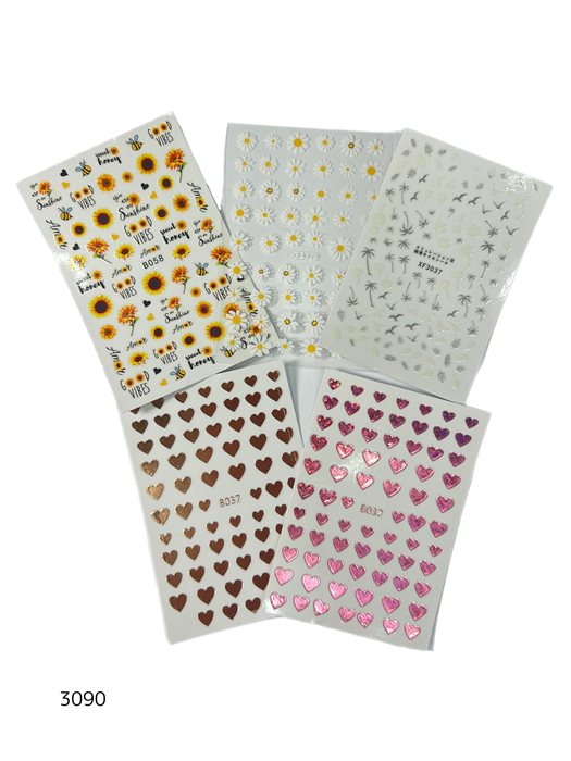 סט מדבקות לציפורניים פרחים ולבבות מארז - 5 יחידות